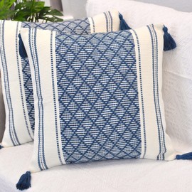 Boho Throw Pillow Covers with Tassels Navy Blue 16x16 inches Set of 2 Checkered Geometric Pattern/Decorative Square Pillow Covers for Couch Sofa Indoor Outdoor/Farmhouse Accent Pillow Cases