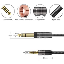 J&D 3.5mm to 6.35mm Stereo Audio Cable, 3.5 mm 1/8 inch Male TRS to 6.35 mm 1/4 inch Male TRS with Copper Shell Joint Nylon Braided Cable, Amplifiers, 0.45 Meter