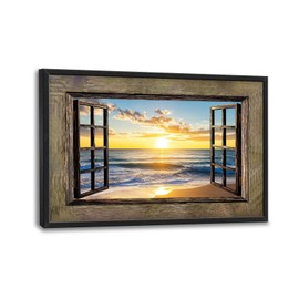 Beach Large Wall Art Sea Coastal Pictures Rustic Window Sunrise Wall Decor Canvas Print Painting Artwork for Bathroom Living Room Bedroom 36L" x 24W"