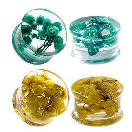 COOEAR 2 Pairs Ear Gauge Piercing Saddle Plugs Double Flared Flesh Tunnel Acrylic Flower Logo Earrings Elegant Patient Wear, Resin