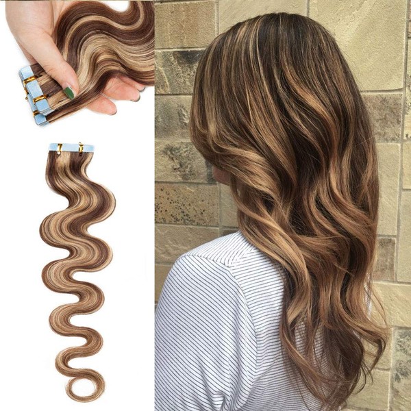 Rich Choices Tape in Hair Extensions Human Hair 20pcs 50g Balayage Medium Brown Highlighted Dark Blonde 100% Remy Hair Extensions Real Human Hair Seamless Curly Wavy Tape in Hair of 24 inch #4P27