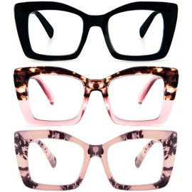 REAVEE 3 Pack Oversized Square Reading Glasses Oprah Style for Women, Blue Light Blocking Large Frame Computer Designer Fashion Readers with Spring Hinge (Black/Pink Tortoise/Tortoise Pink,2.25)
