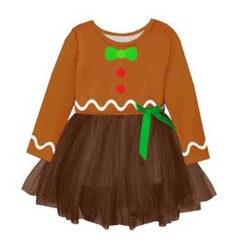 Toddler Cute Gingerbread Dress Christmas Tulle Tutu Dresses Ugly Xmas Long Sleeve Brown Dress 1-2T