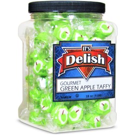 Gourmet Green Apple Soft Taffy Candy Chews by It's Delish – 18 Oz Jumbo Reusable Container – Individually Wrapped Green Taffies Chewy Apple Flavored Fruit Chews – USA Made, Vegan, Kosher