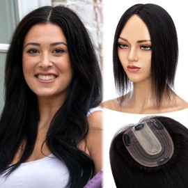 MY-LADY Hair Topper for Women Human Hair for Thinning Hair Loss 10 * 12CM Silk Base 130% Density Real Remy Hair No Bangs Clip in Hair Pieces Straight Hairpiece 10 Inch Jet Black