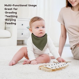 Susurration Muslin Baby Drool Bibs 8Pack Soft Triangular Adjustable Baby Bandana Bibs for Unisex Girls & Boys (Grey Green)