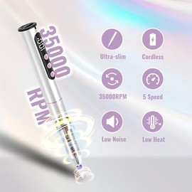 Torno para Uñas Profesional de 35000 RPM, 12 en 1 Lima Eléctrica para Uñas de Gel y Acrílicas, Recargable Torno Sin Cable con 5 Velocidad Ajustable para Manicura y Pedicura Plata