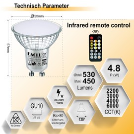 EACLL GU10 LED with Remote Control, 4.8 W Replaces 60 W, Pack of 6, 5 Colour Temperature Modes, Dimmable, Extra Warm White/Warm White/Neutral White/Cool White, Dimmable with Remote Control, with