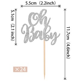 24 piezas de adornos para cupcakes de bebé con purpurina, para baby shower, decoración de cupcakes, para baby shower, niños, niñas, fiestas, cumpleaños, decoración de pasteles, color plateado