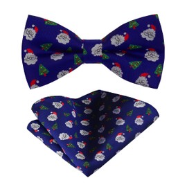 Branduce Conjunto de pajarita de Navidad para hombre, diseño de fiesta con temática de festival y bolsillo cuadrado, Azul oscuro/Papá Noel/árbol de Navidad, general