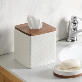 Motifeur Bathroom Accessories - Ceramic Tissue Holder with Wooden Lid, Decorative Square Tissue Cover Box (White and Beige)