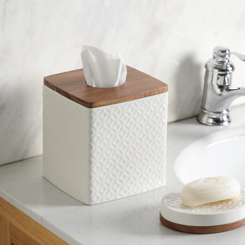 Motifeur Bathroom Accessories - Ceramic Tissue Holder with Wooden Lid,