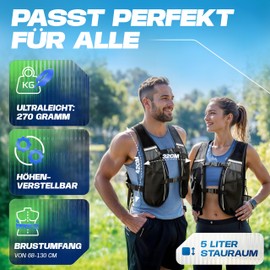 SASMO® Running Vest Women & Men 5L + 1 x 500 Soft Flask Running Vest Ultralight 270 g & Breathable Running Backpack Women & Men 8 Pockets Running Vest Men Hydration Vest Running Hydration Backpack