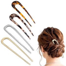 Aucuu 4Pcs French Hair Pins, U Shaped Metal Hair Fork, 2 Prong Updo Chignon Clip Sticks Buns Delicate French Twist Pins Gold Silver Tortoiseshell Twist Fork For Women Girls Buns Thick Long Hair