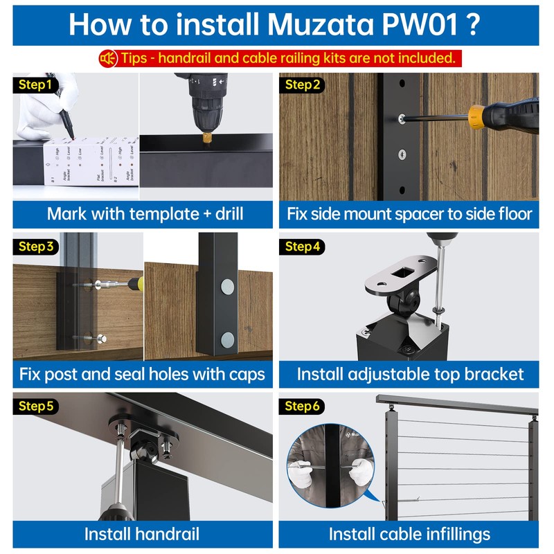 Muzata Aluminum Black Side Mount Cable Railing Post 36 Inch