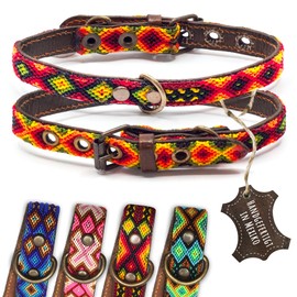 ALTEZAR Leather Dog Collar - Brown Cowhide Tribal Fire Red Continuously Embroidered Yellow/Orange/Red - Handmade in Mexico Leather Dog Collar - Size XS - for Very Small Dogs