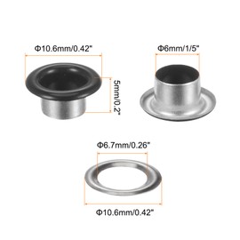 HARFINGTON 200 Set Color Round Grommets 6mm 1/4" Hole Metal Eyelets with Washers for Scrapbooking Shoes Clothes Leather Canvas, Black