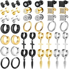 SUBANG 20 Pairs Stainless Steel Stud Earrings for Men Hypoallergenic Earrings Cross Earrings Unisex Punk Earrings Men Earrings Hoop Earrings Hinged Dangle Earrings for Women Men