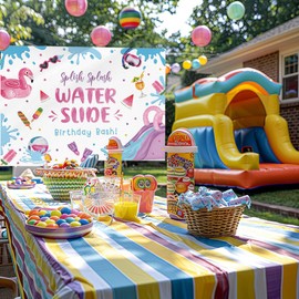 MEHOFOND 7x5ft Water Slide Birthday Bash Backdrop for Girls Splish Splash Pool Party Photography Background Summer Swimming Pool Bday Decor Hawaiian Flamingo Beach Balls Pool Bash Banner Photo Props