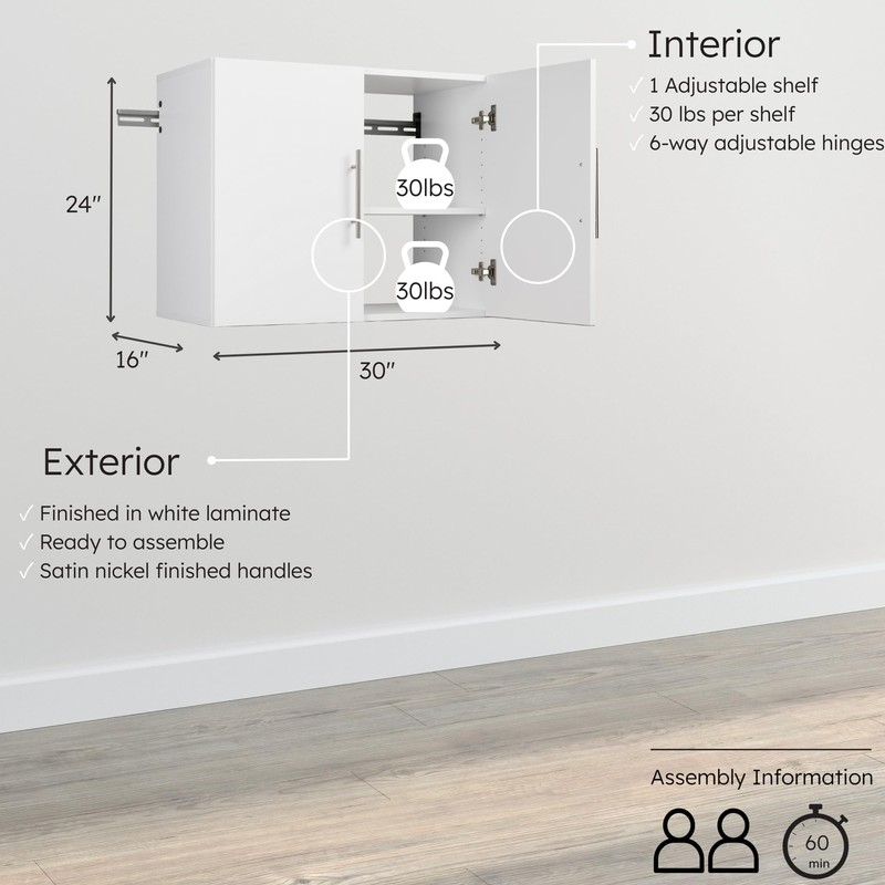 Prepac HangUps 30" Upper Garage Cabinet, Bathroom Cabinet Wall Mount,