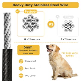 Petbobi Heavy-Duty Dog Tie-Out Cable - 50FT Extra Strong Wire Cable for Large Pets Up to 300Lbs, Rust Proof Dogs Leash with Carabiners and 360° Swivel, Pet Leads for Yard Camping Outside, Black