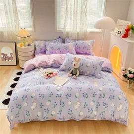 Koudi Girls' Bed Linen 155 x 220 cm Flowers Purple Purple Tulip Motif Reversible Bed Linen Soft Microfibre Duvet Cover Set Bunny Duvet Cover with Zip and 80 x 80 cm Pillowcase