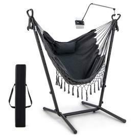Giantex Hanging Swing with Stand - Hammock Chair with Phone Holder, Pillow, Storage Pocket, Carrying Bag, 6 Adjustable Height, Heavy Duty Metal Hammock for Patio Garden Yard, 550 lbs Capacity