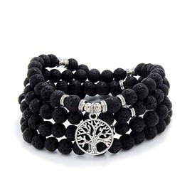 8mm Mala Beads 108 Meditation Bracelet Necklace with Tree of Life Charm (Lava)