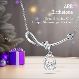 Minimalist Necklace for Women 925 Sterling Silver Stethoscope Necklace with April Birthstone Cubic Zirconia Diamond Crystals from Austria, Graduation Gifts Medical Pendant Jewelry for Doctor Nurse Medical Student RN