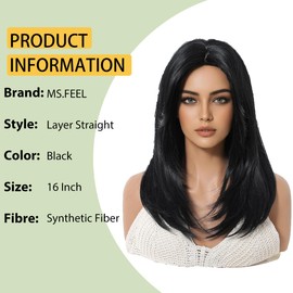 MS.FEEL Layered Wigs For Women Shouler Length Wear and Go Glueless Straight Wig with Bangs Natural Looking Heat Resistant Synthetic Wigs for Daily Party Use (Black, 16 Inch)