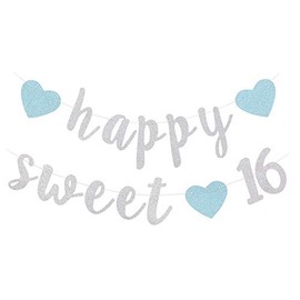 Happy Sweet 16 Banner 16th Birthday Party Sign Decoration Bunting - Glitter Silver