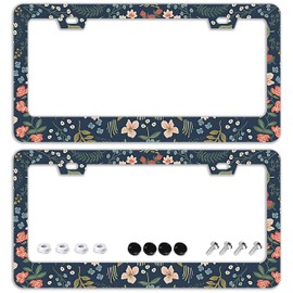 Colorful Floral Flowers License Plate Frames - 2 Pcs Set 2 Holes Stainless Steel Metal Auto Car Accessories Decoration License Plate Frame Cover Size 6.3" x 12.2" Fit US Vehicles for Women Men Gift