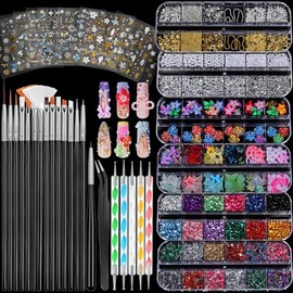 FANDAMEI Nail Art Brushes, Nail Art Kit with 15 Pcs Nail Art Brush, 5 Pcs Dotting Tools, 6 Box Nail Charms and Gems, 10 Flower Nail Stickers, Complete Nail Decoration Art with Nail Art Brushes Black