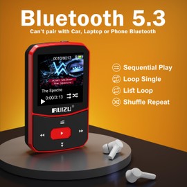 RUIZU 64GB Clip MP3 Player with Bluetooth 5.3, Portable Music Player with Voice Recorder for Sports Running, FM Radio, Pedometer, A-B Repeat, Audio Shuffle Playback, Support 128GB Micro SD Card, Red
