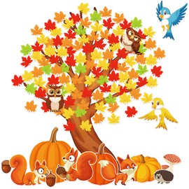 155 Pieces Fall Tree Bulletin Board Decorations Classroom Tree Bulletin Board Set Autumn Animal Bulletin Borders Decoration Bulletin Board Tree Cutout Maple Leaves Pumpkin Cutouts for Wall Decoration