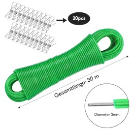 Washing Line Extra Strong, 3 mm x 30 m Washing Line with Steel Core, Washing Line, with 20 Clips, Washing Line with Steel Core, Outdoor Replacement Line for Garden, Camping (Green)