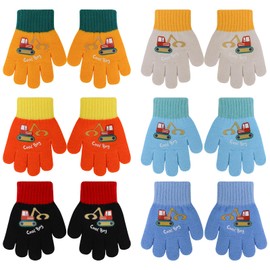 QKURT 6 Pairs Toddler Knitted Gloves, Kids Winter Cold-proof Gloves Unisex Full Finger Stretch Gloves with Excavator Pattern for 2-4 Years Boys Girls