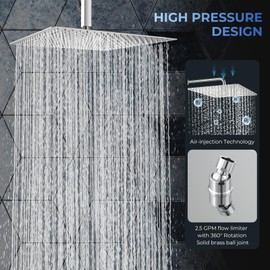 16 Inch Extra Large Square Stainless Steel Shower Head High Pressure Rainfall Showerhead Ultra Thin Water Saving 2.5 Gpm,Polished Chrome