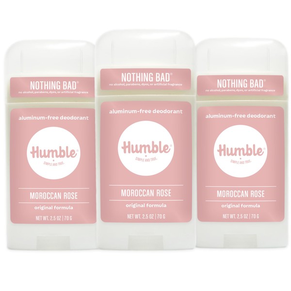 HUMBLE BRANDS Original Formula Aluminum-free Deodorant. Long Lasting Odor Control with Baking Soda and Essential Oils, Moroccan Rose, 2.5 oz, 3 Pack