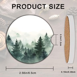 Misty Green Forest Car Coasters 2 Pack for Cup Holders, 2.56 Inch Ceramic and Absorbent Non-Slip Cork Base with A Finger Notch for Women & Men