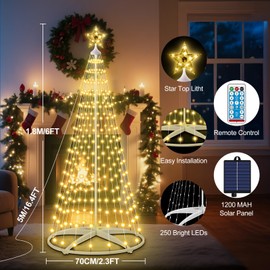 AMIPEPE 6ft Solar Christmas Tree Lights Outdoor, 250 LEDs Remote Control 8 Modes IP65 Waterproof Led Cone Tree with Timer, USB Powered for Yard Garden Holiday Decorations, Warm White
