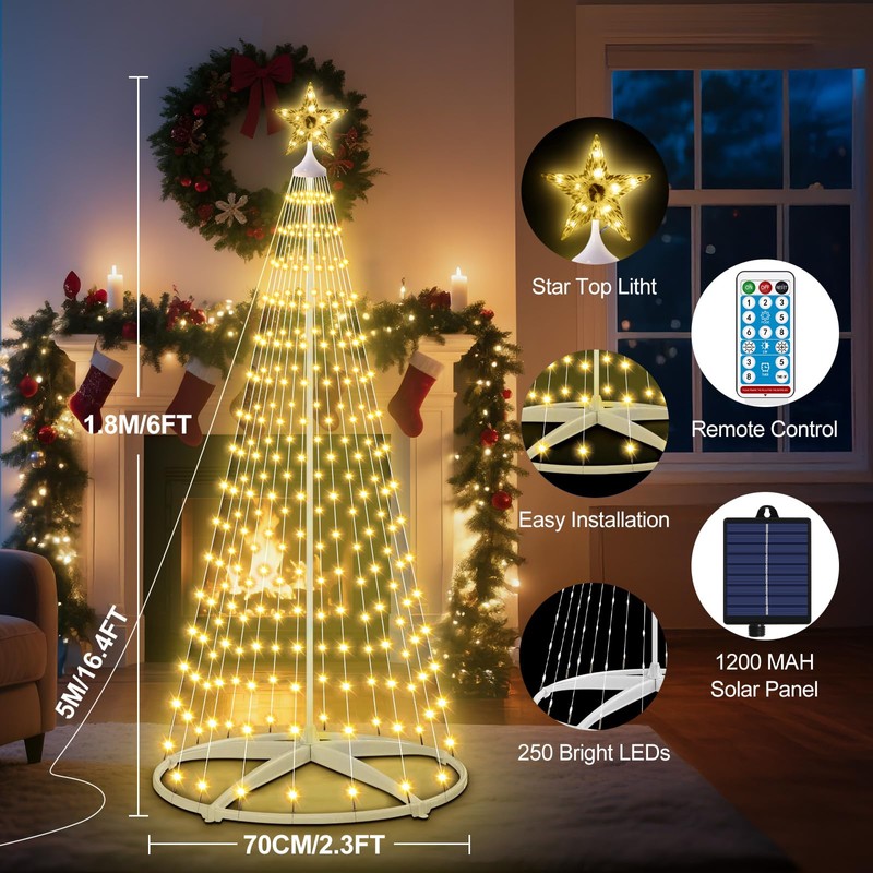 AMIPEPE 6ft Solar Christmas Tree Lights Outdoor, 250 LEDs Remote