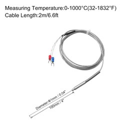 QUARKZMAN K Type Thermocouple Temperature Sensor Probe 1x100mm 6.6ft Wire 0 to 1000°C (32 to 1832°F) Stainless Steel