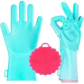 Guantes Silicona Lavar Trastes + Esponja, Grado Alimenticio, Antibacterial