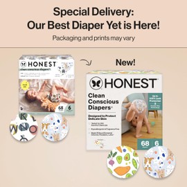 The Honest Company Clean Conscious Diapers for Delicate Skin | Up to 100% Leakproof | Hypoallergenic, Fragrance Free | Gender Neutral | Super Club Box, Size 6 (35+ lbs), 68 Count (Prints May Vary)