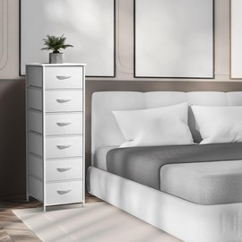 Sorbus Fabric Dresser for Kids Bedroom - Chest of 6 Drawers, Tall Storage Tower, Clothing Organizer, for Closet, for Playroom, for Nursery, Steel Frame, Fabric Bins - Wood Handle (White)