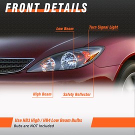 AXLAHA Headlights Assembly for 2002 2003 2004 Toyota Camry LE/XLE Headlamp Black Housing Amber Reflector Clear Lens Driver and Passenger Side