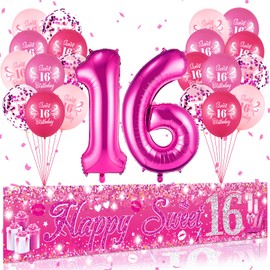Sweet 16 Birthday Decorations for Girls Pink Happy Sweet 16 Banner 20 Pcs 16th Birthday Balloons 40 Inch Number 16 Balloons Hot Pink 16th Birthday Decorations for Sweet Sixteen Birthday Party