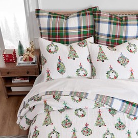 Levtex Home - Festive Baubles Quilt Set - King/Cal King Holiday Quilt 106x92 and Two King Pillow Shams 20x36 - Christmas - White, Green, Red - Reversible - Cotton