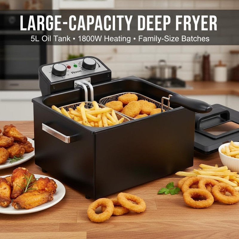 Vexon Large Electric Deep Fryer 4.9L/20 Cups, 1800W Black Stainless